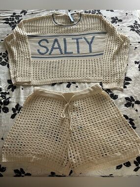 Salty Knit Beach Coverup Set in Cream and Blue